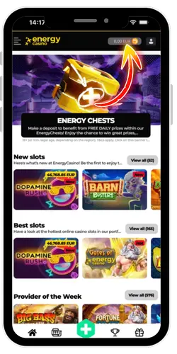 Energy Casino kassascherm voor saldo storten