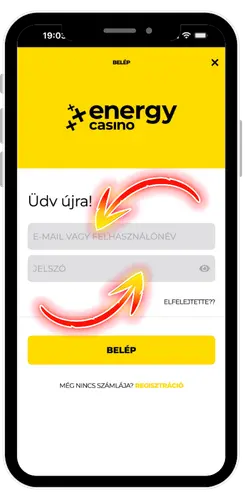 Energy Casino bejelentkezési képernyő
