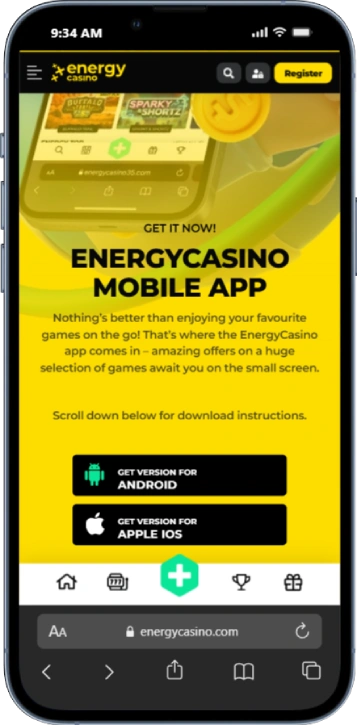 Okostelefon amelyen az Energy Casino mobilalkalmazás promója látható Android és Apple iOS letöltés gombokkal sárga háttéren