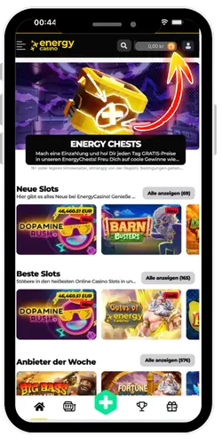 Energy Casino kassaskärm för kontopåfyllning